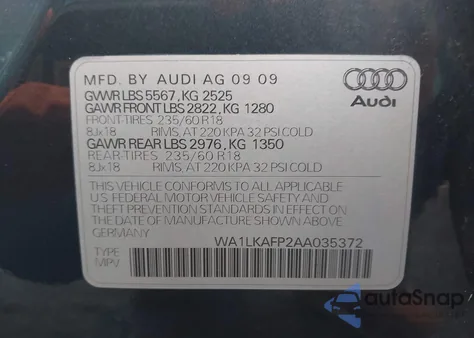 2010 Audi Q5 3.2 Premium из США, поврежденный, VIN WA1LKAFP2AA035372